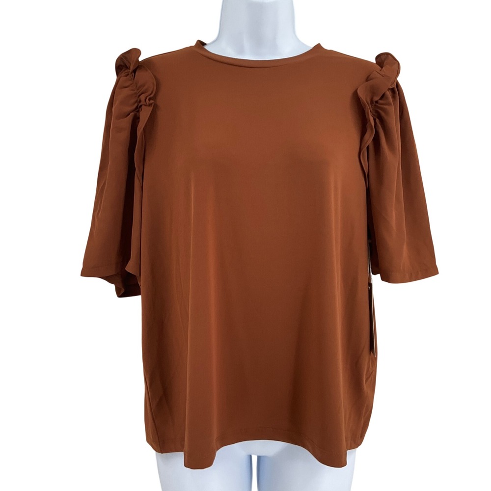 Worthington Top Womens Sz L Ruffle Shoulder‎ Blouse Brown Earthy Cottagecore